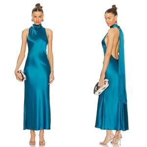 SAU LEE Panella Draped Halter Neck Peacock Blue Maxi Dress Size 10